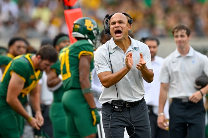 Sep 3, 2022; Waco, Texas, USA; Baylor Bears head coach Dave Aranda cheers for this team during the first quarter against the Albany Great Danes at McLane Stadium. Mandatory Credit: Jerome Miron-USA TODAY Sports